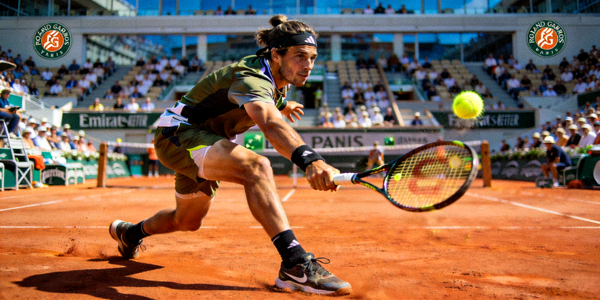 法网公开赛红土场上选手奋力击球瞬间